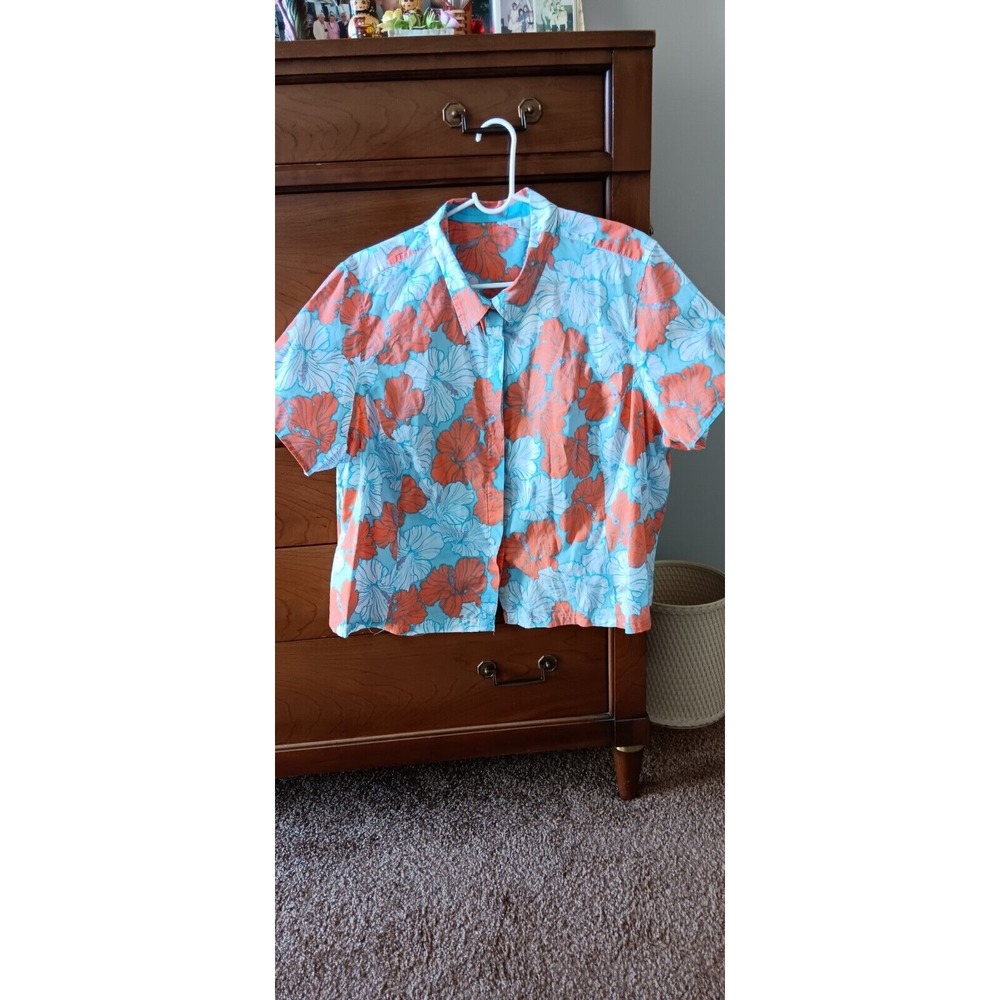 Izod Womens Blue Floral Short Sleeve Spread Collar Button Up Shirt‎ Size 2X